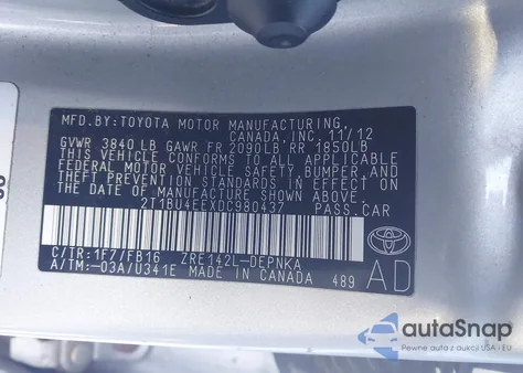 2013 Toyota Corolla Le z USA, uszkodzony, nr VIN 2T1BU4EEXDC980437